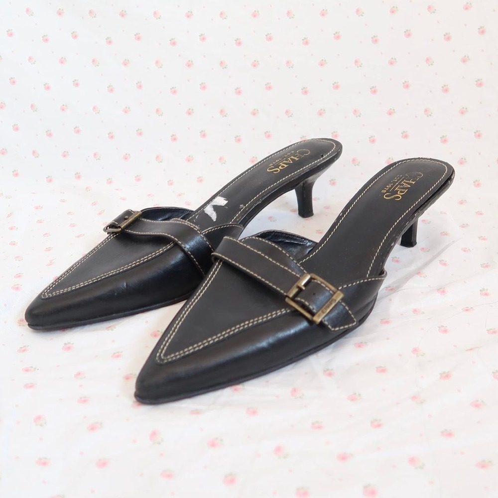 black pointed toe mules y2k kitten heel buckle shoes